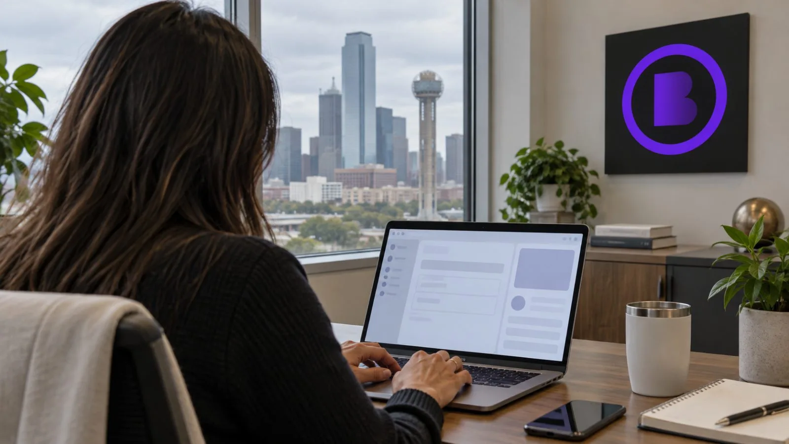A laptop displaying an agent registration form in a Dallas office.